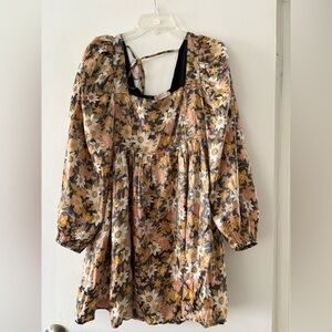 Altar'd State Black Floral Puff shimmerSleeve Dress with Mustard & Cream Accents